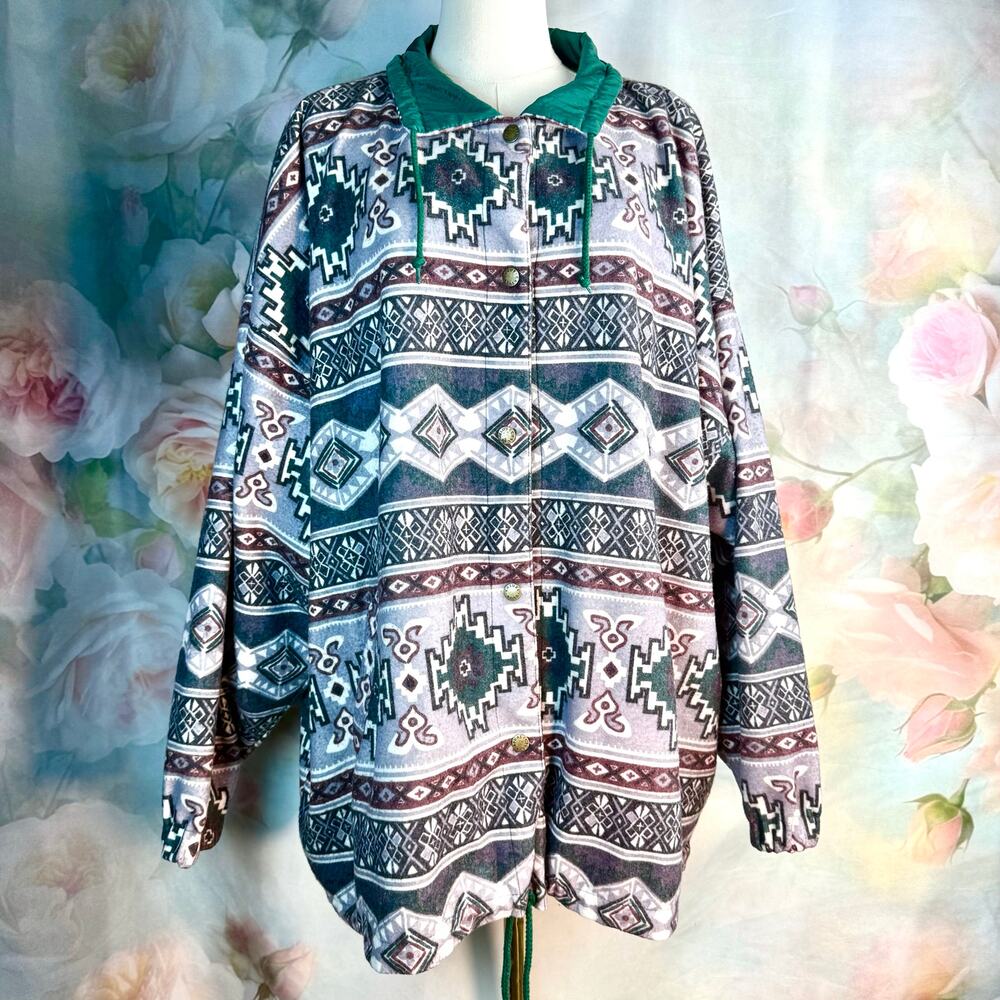 Vintage Casual Club Reversible Southwest Aztec Grey & Green Button Up Jacket